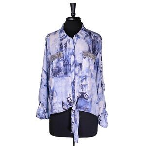 Chico's Womens Shirt Button Up Blue Sequin Tie Front Abstract Blouse Top 3 XL/16